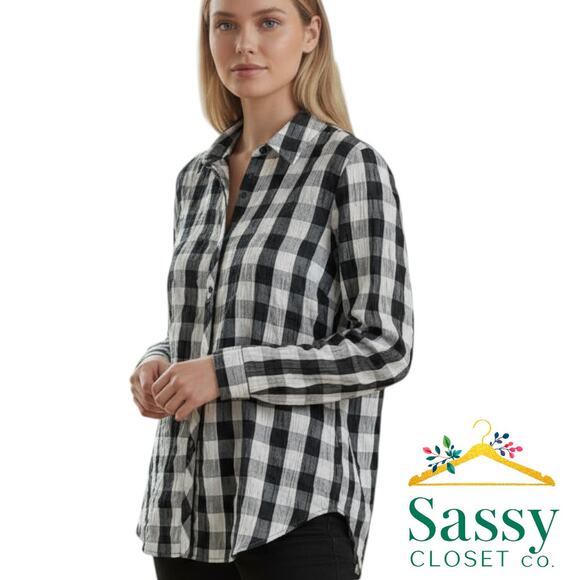 Foxcroft Black White Plaid Button Front Blouse Size 12 Long Sleeve Stretch EUC ✨ - Picture 1 of 7